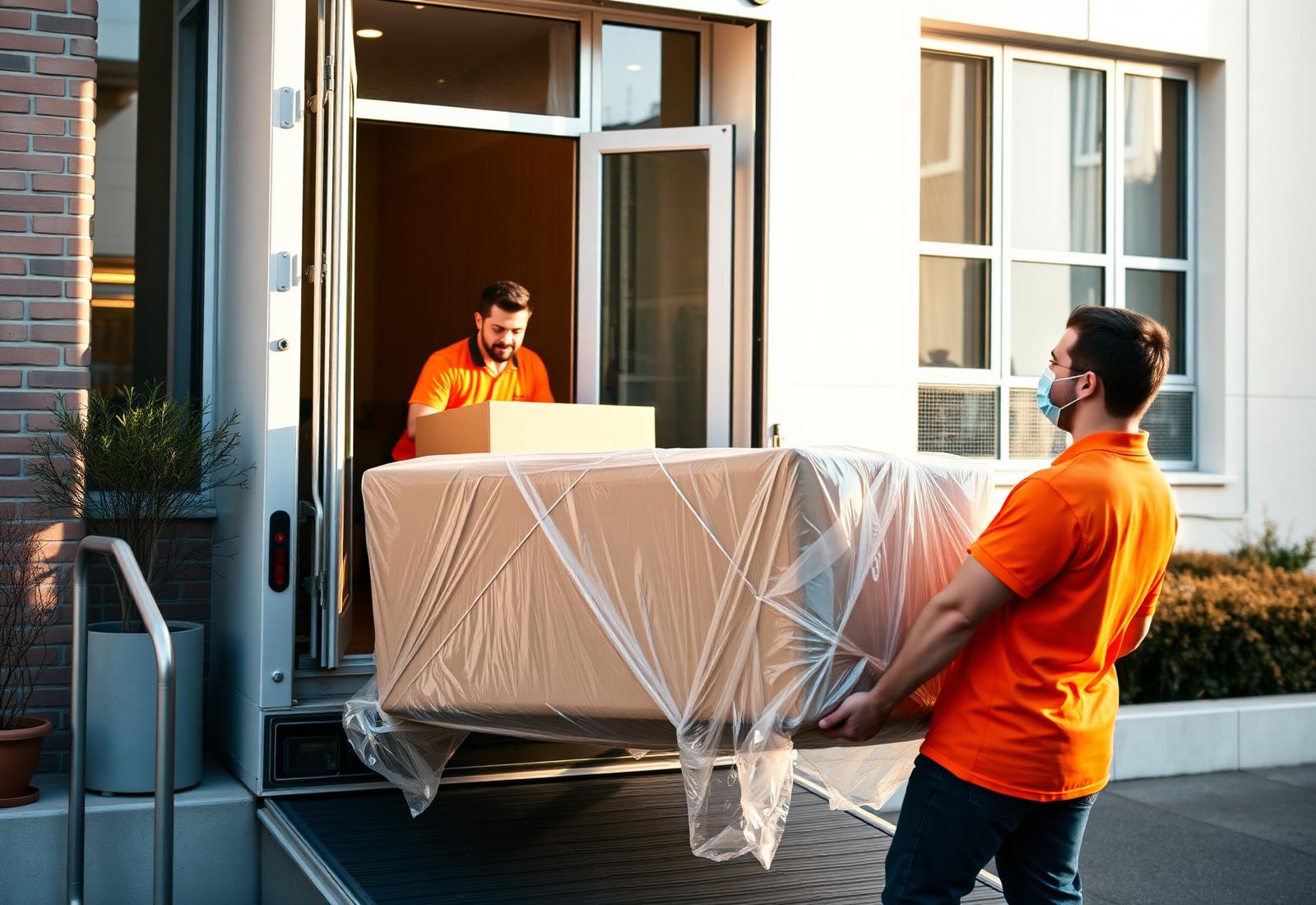 Turuncu üniformalı nakliyat ekibi paketlenmiş mobilyayı nakliye aracına yüklüyor